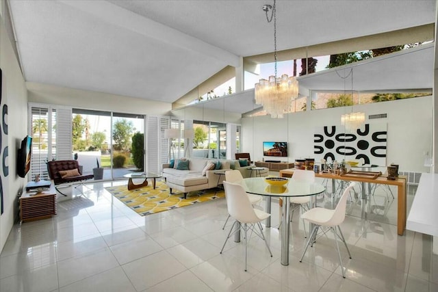 dining space with beam ceiling, light tile patterned floors, a chandelier, and high vaulted ceiling