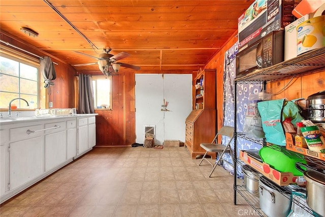 kitchen with wood walls, sink, white cabinets, and wood ceiling