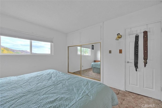 bedroom with a closet, light colored carpet, a textured ceiling, and multiple windows