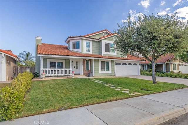 mediterranean / spanish home featuring central AC unit, a porch, a garage, and a front yard