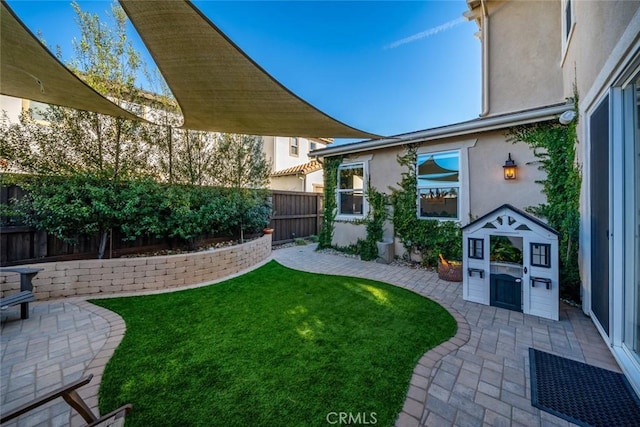 view of yard with a patio and an outdoor structure