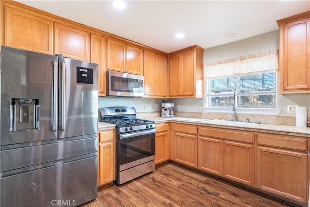 kitchen with sink, stainless steel appliances, and dark hardwood / wood-style floors