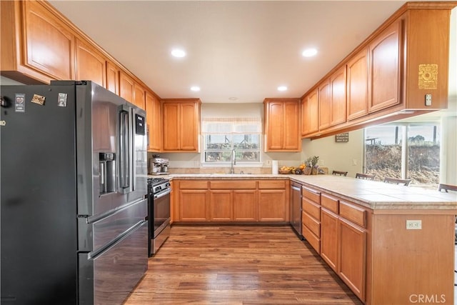 kitchen with hardwood / wood-style flooring, a healthy amount of sunlight, sink, and stainless steel appliances