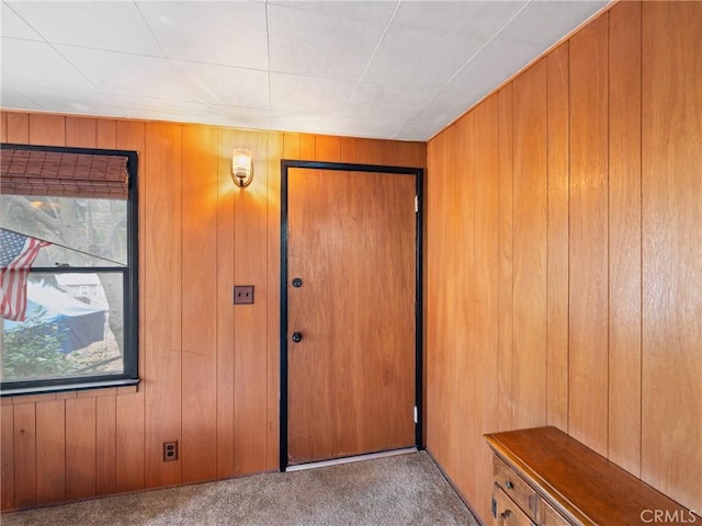 interior space with wood walls and light carpet