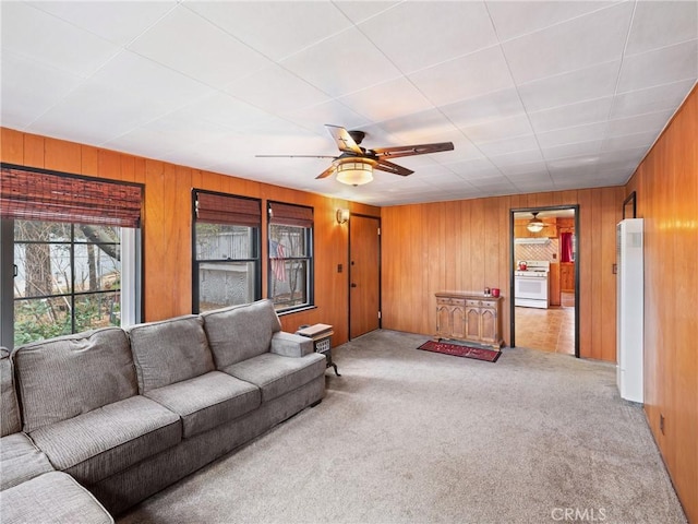 carpeted living room with wood walls