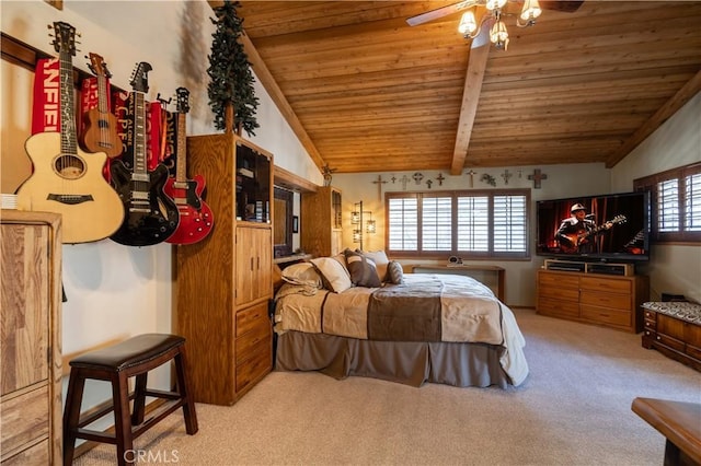 bedroom with wood ceiling, light colored carpet, and lofted ceiling with beams