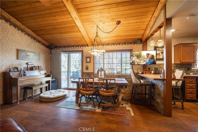 dining room with vaulted ceiling with beams, hardwood / wood-style floors, and wood ceiling