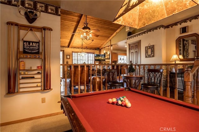 playroom featuring wood ceiling, billiards, ceiling fan, bar, and vaulted ceiling