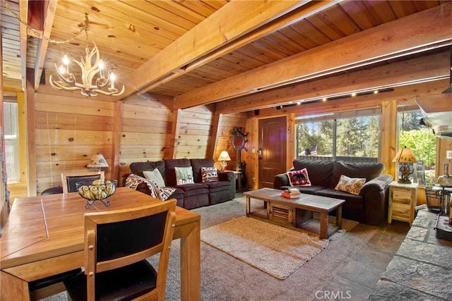 living room featuring a chandelier, wood walls, beamed ceiling, and wooden ceiling