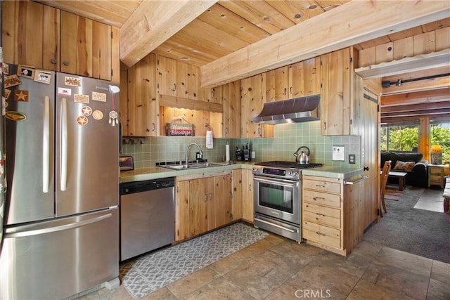 kitchen featuring sink, stainless steel appliances, beamed ceiling, wood walls, and decorative backsplash