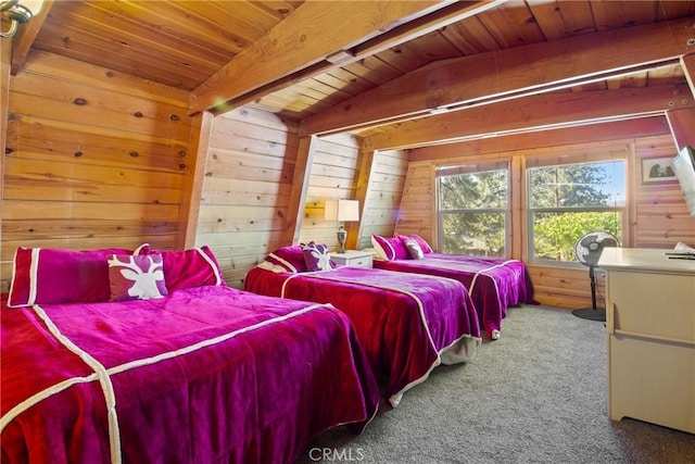 bedroom with wood ceiling, wooden walls, carpet, and lofted ceiling with beams