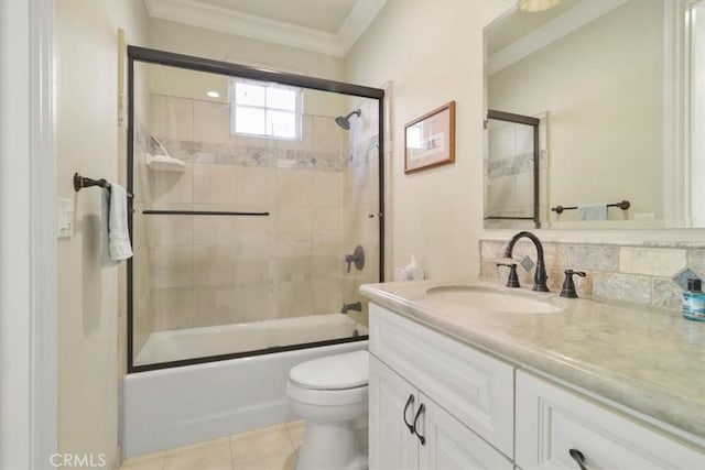 full bathroom featuring enclosed tub / shower combo, tile patterned flooring, vanity, decorative backsplash, and toilet