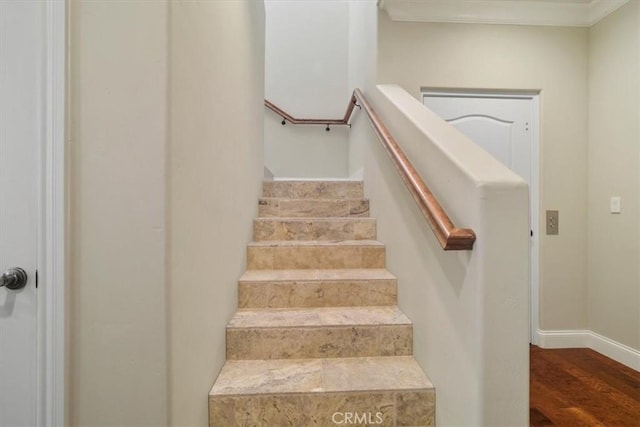 stairs featuring ornamental molding and hardwood / wood-style floors