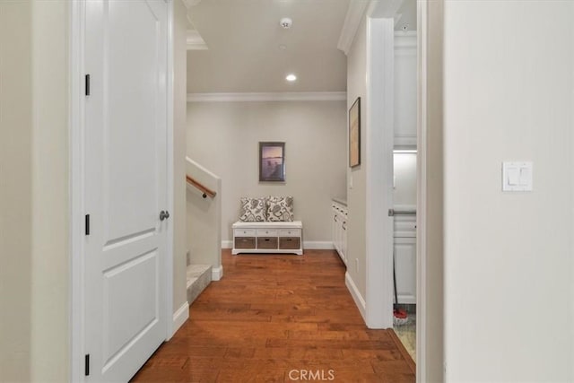 hallway with ornamental molding and hardwood / wood-style floors