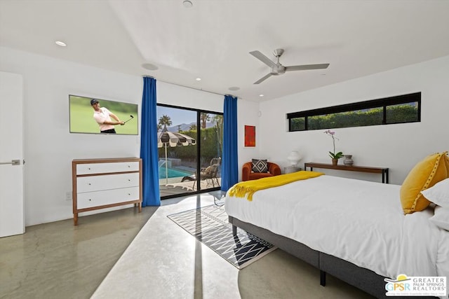 bedroom with concrete flooring, access to exterior, and ceiling fan