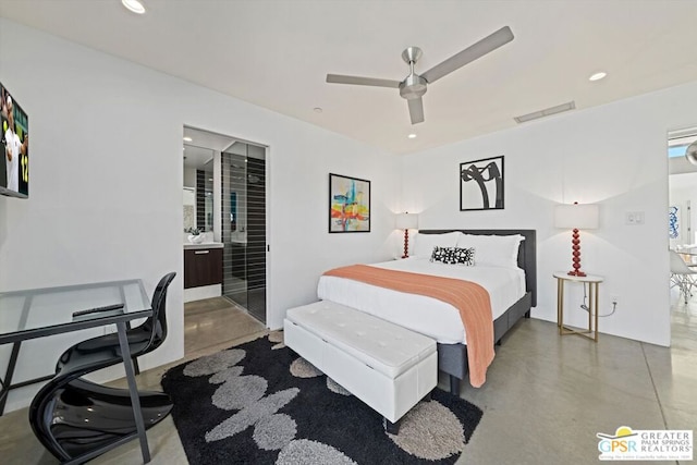 bedroom featuring ceiling fan, concrete flooring, and connected bathroom