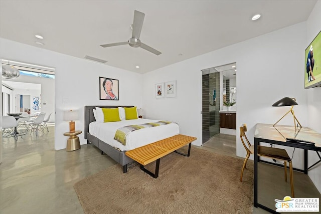 bedroom with ceiling fan and concrete flooring