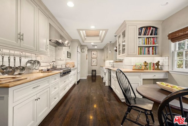 kitchen with backsplash, white cabinets, dark hardwood / wood-style floors, wall chimney exhaust hood, and appliances with stainless steel finishes