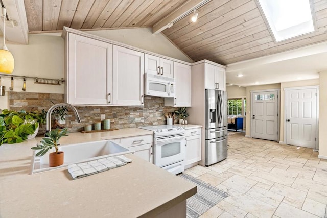 kitchen featuring sink, white appliances, wooden ceiling, and white cabinets