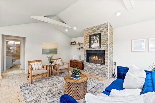 living room featuring a fireplace and lofted ceiling with beams