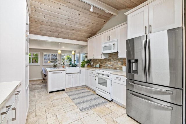 kitchen with decorative light fixtures, white cabinetry, wooden ceiling, white appliances, and kitchen peninsula