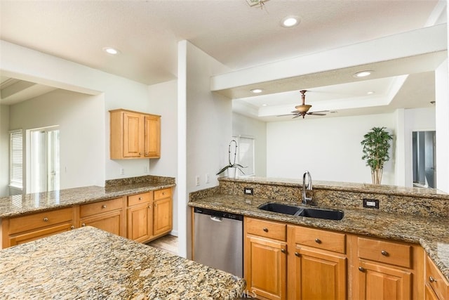 kitchen featuring a sink, stone countertops, a tray ceiling, and dishwasher