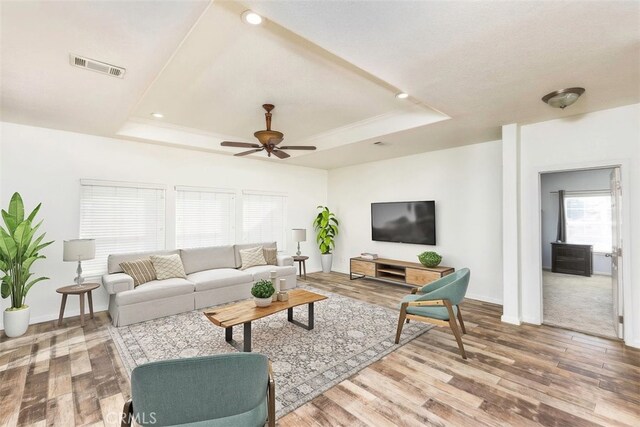 38752 Ruth Rd, Hemet, CA 92544 - living room with a raised ceiling, ceiling fan, baseboards, and recessed lighting