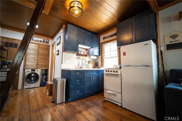 kitchen featuring white appliances, blue cabinetry, wooden ceiling, washer / dryer, and dark hardwood / wood-style floors