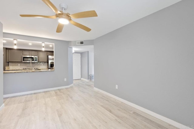 unfurnished living room featuring light wood-style floors, baseboards, visible vents, and ceiling fan