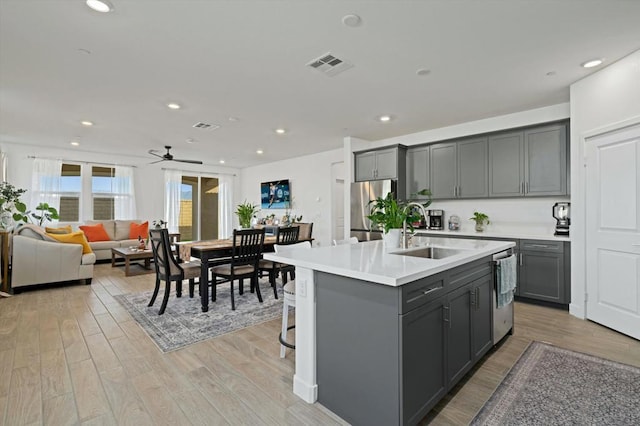 kitchen featuring gray cabinetry, sink, stainless steel appliances, and a center island with sink