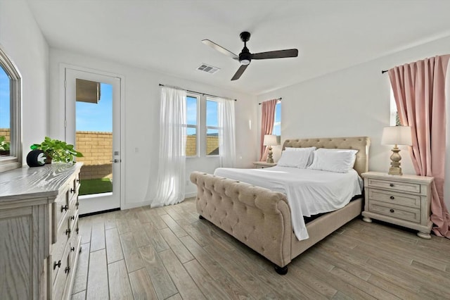 bedroom featuring ceiling fan and light wood-type flooring