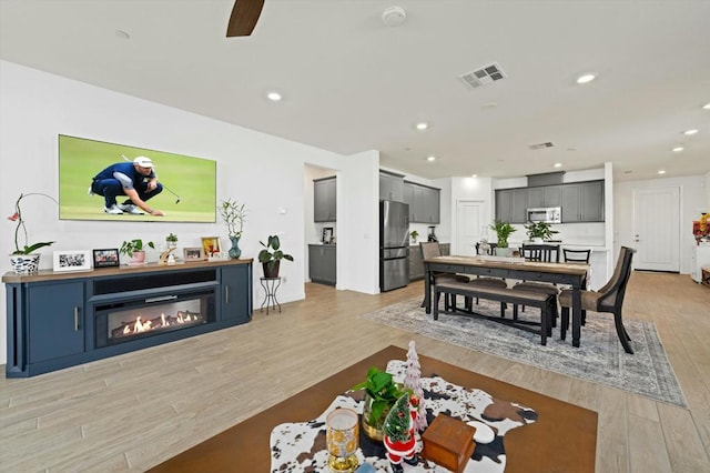 living room featuring ceiling fan and light hardwood / wood-style flooring