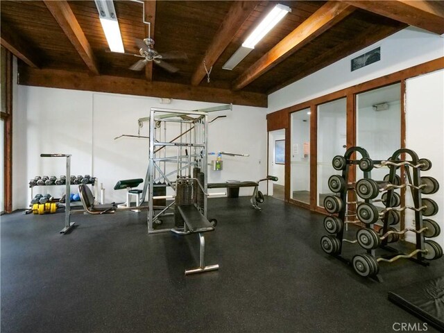 308 S Miraleste Dr Unit 57, San Pedro, CA 90732 - workout area featuring ceiling fan and wooden ceiling