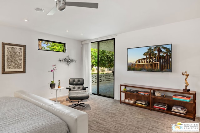 bedroom featuring access to outside and ceiling fan