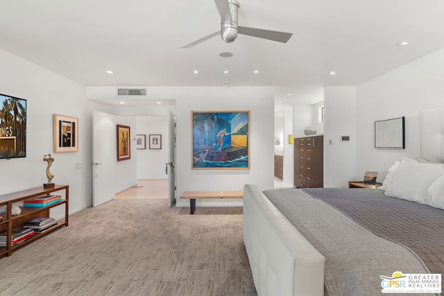 bedroom with light wood-type flooring and ceiling fan