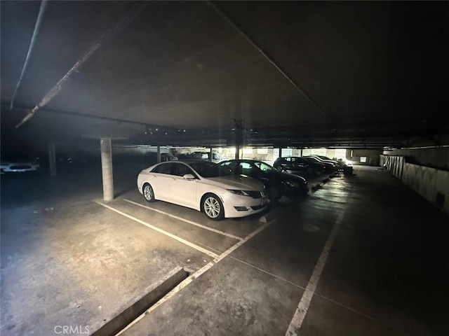 view of garage at night