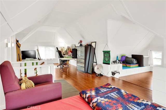 living room with lofted ceiling and wood-type flooring