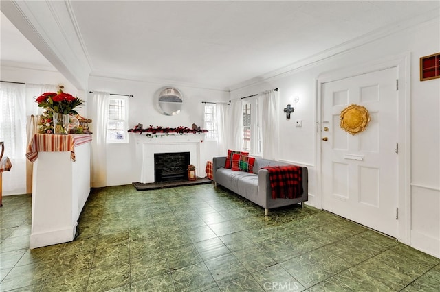 living room with ornamental molding