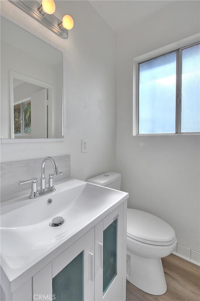 bathroom with vanity, toilet, and wood finished floors