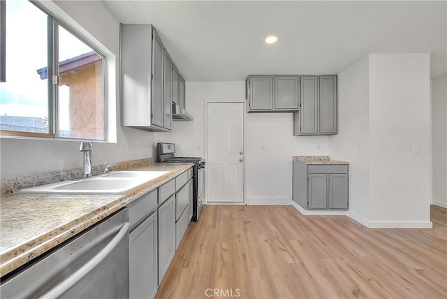 kitchen with gray cabinets, stainless steel appliances, and a sink