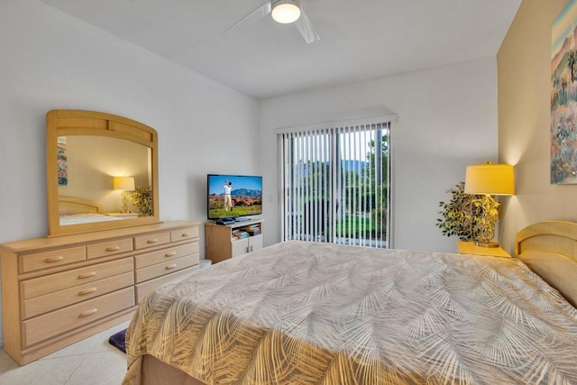 bedroom featuring ceiling fan and light tile patterned floors