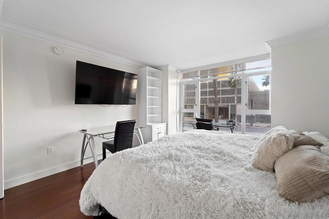 bedroom with ornamental molding and dark wood-type flooring