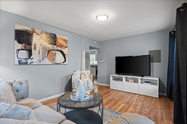 living room featuring hardwood / wood-style flooring, a textured ceiling, and electric panel