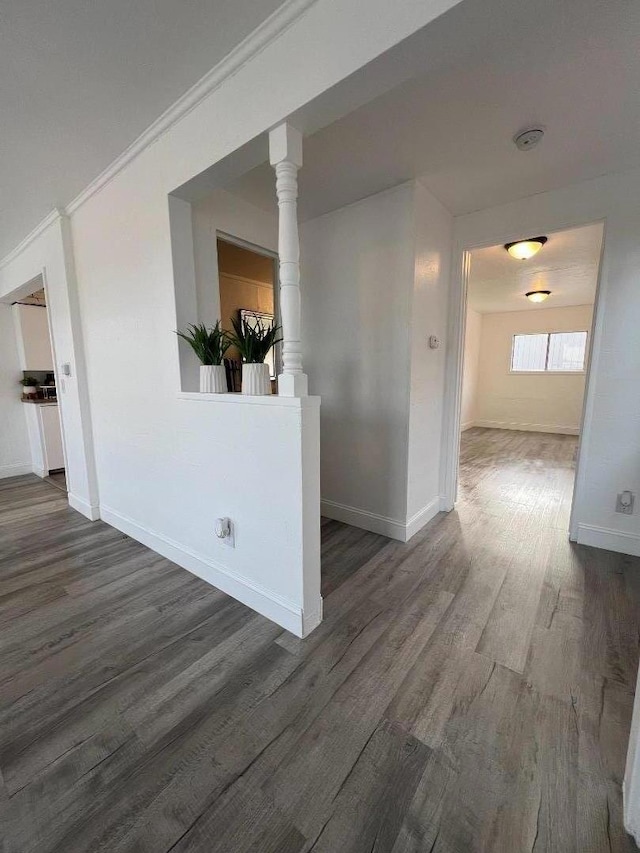 hallway with dark hardwood / wood-style floors and ornate columns