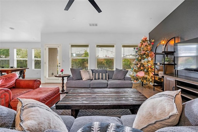 living room featuring wood-type flooring, ceiling fan, a wealth of natural light, and pool table