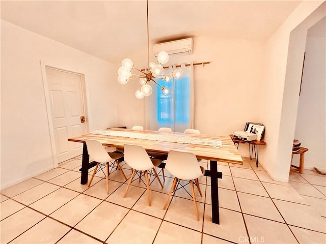 dining area with light tile patterned floors, a wall mounted AC, baseboards, and an inviting chandelier