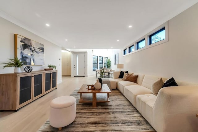 living room with crown molding and light hardwood / wood-style flooring