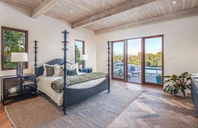 bedroom with access to outside, wood ceiling, beam ceiling, and parquet flooring