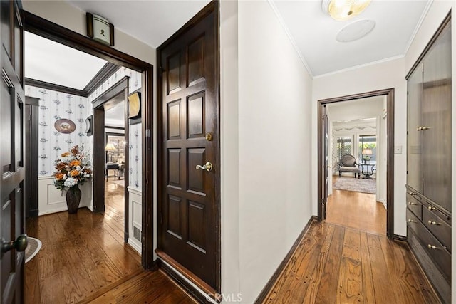 corridor featuring crown molding and dark wood-type flooring