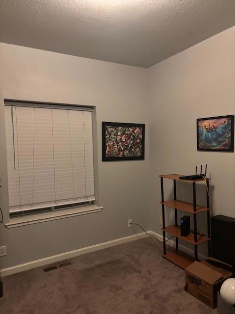 interior space featuring a textured ceiling and dark carpet